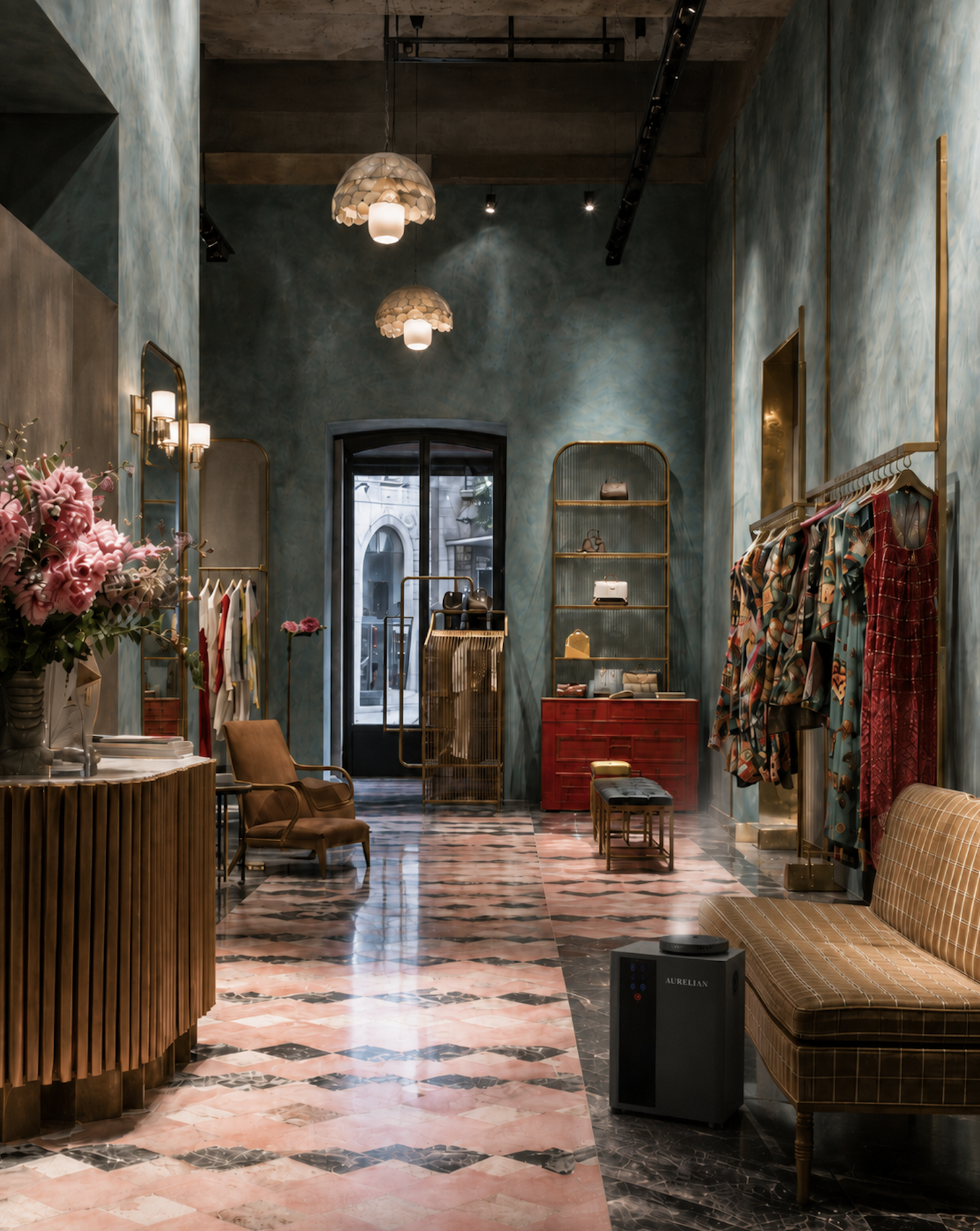 Aurelian geurdiffuser in een boutique met blauwgroene muren en roze marmeren vloer