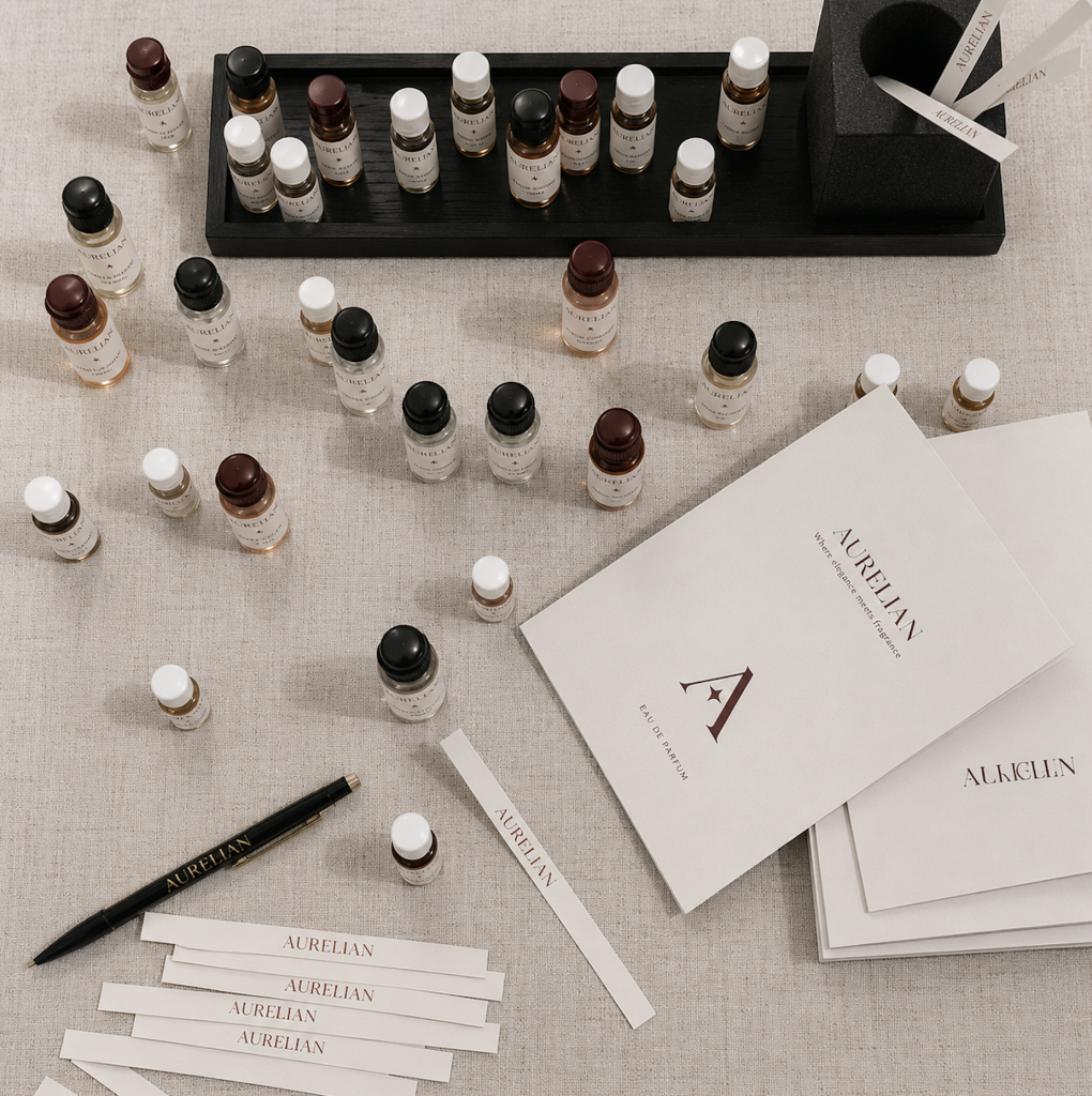 Aurelian geursamples, geurstrips en brochures op een lichte tafel